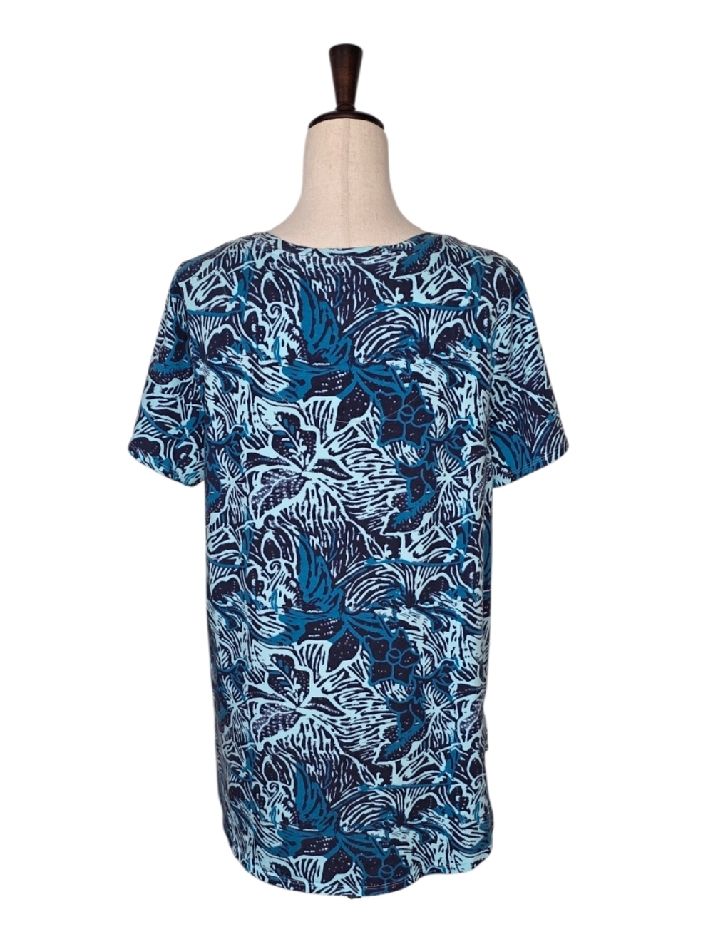 Soft Surroundings Blue & Teal Isabel Tropical Floral Printed Tunic Tee Size L - Picture 4 of 6